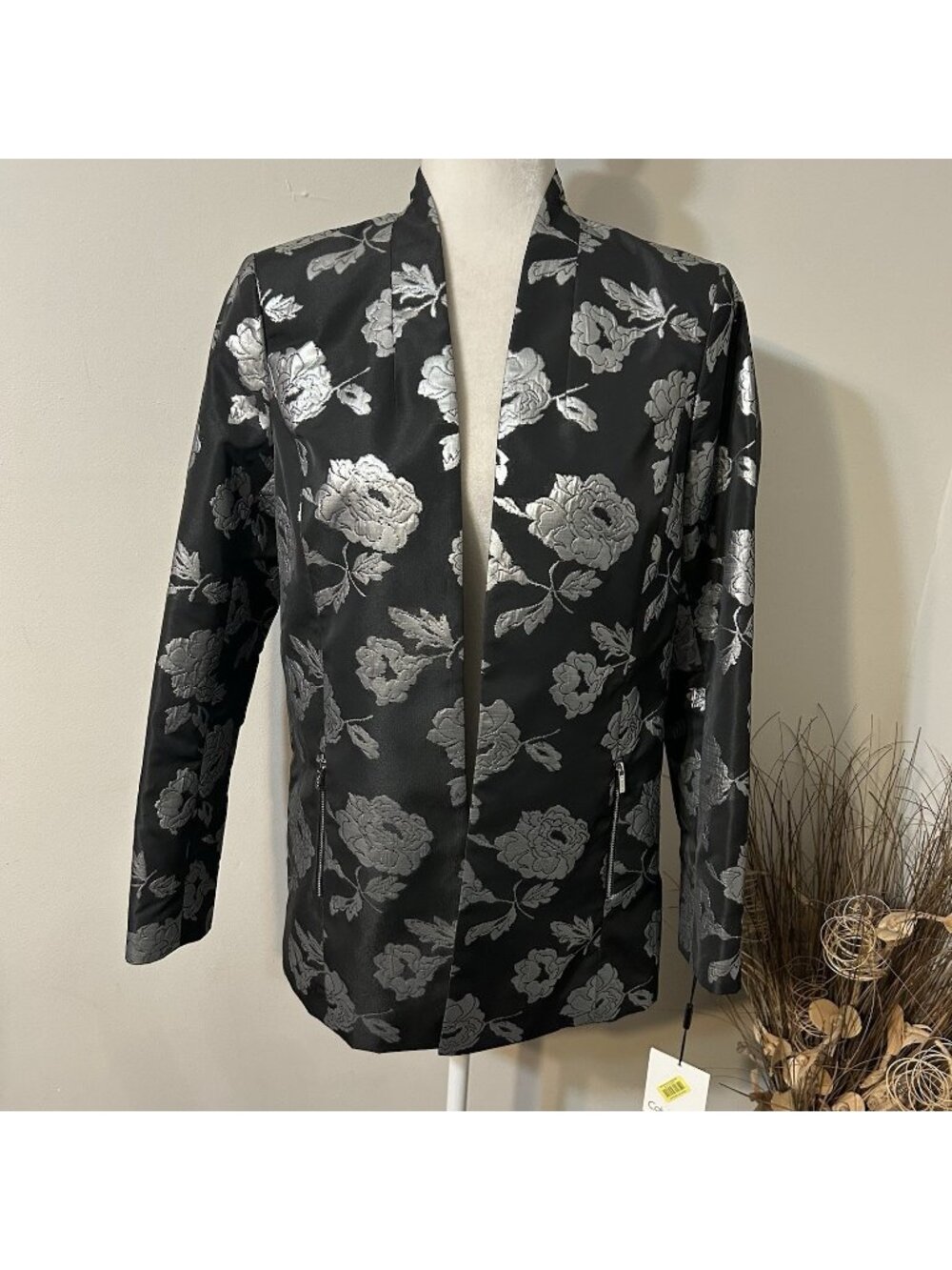NWT CALVIN KLEIN WOMEN OPEN BLACK SILVER FLORAL LONG JACKET BLAZER LINED SZ 6